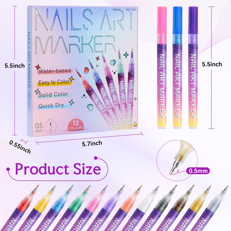 12 Color 0.5mm Nail Art Pens Set, Quick Dry for