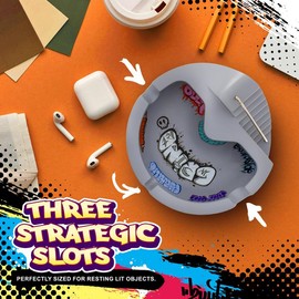 Concrete Skatepark Tray - 100% Solid Concrete, 6.5in Round Base, 2.5in Tall, Graffiti-Inspired Design with Smooth Sloped Bowl for Mini Tech Deck Use - Rail Color: Silver