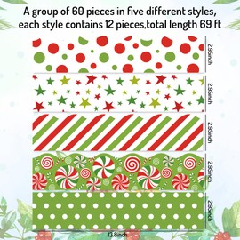 Whaline 69Ft Christmas Bulletin Board Borders Red Green Candy Star Dot Stripe Adhesive Scalloped Border Trims for Xmas Home Office Classroom Party Decor, 60Pcs