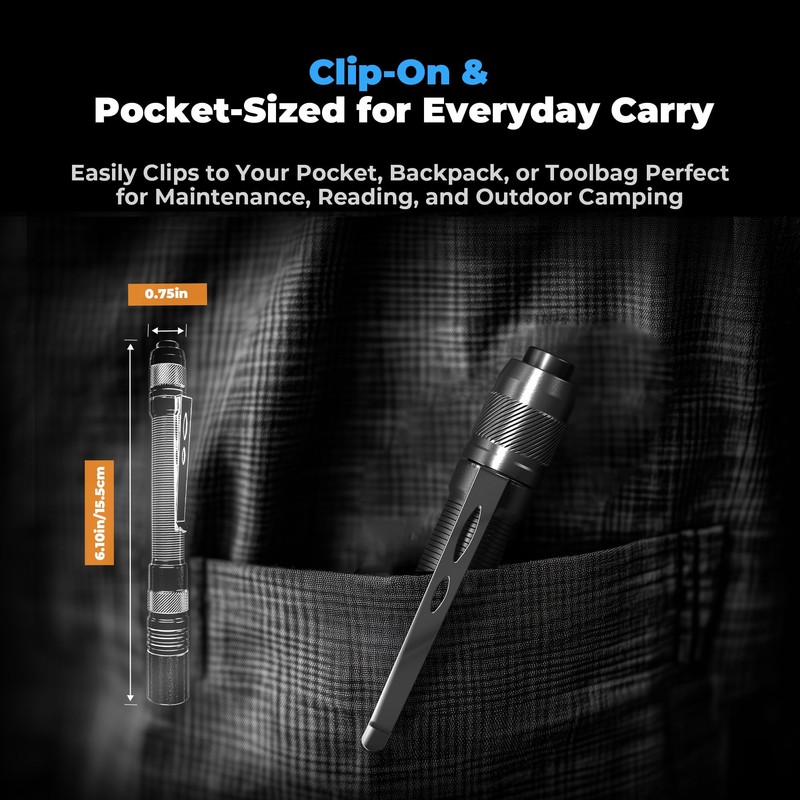 Rechargeable Pen Light Flashlight, 800LM Zoomable Pocket Flashlights with Clip
