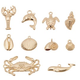 UNICRAFTALE 20Pcs 10 Styles Real 18K Gold Plated Ocean Theme Charms Antique Golden Sea Animal Charms Shell Dolphin Fish Tortoise Dangles Pendants for DIY Earring Necklace Bracelet Jewelry Making