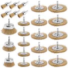 POLIWELL 24 Pack Wire Wheel Brush for Drill, Carbon Steel Bristles Wire Cup Brush Set Coarse Crimped Abrasive Brass Coated Brushes with 1/4 Inch Hex Shank for Rust Removal, Corrosion, Paint Cleaning