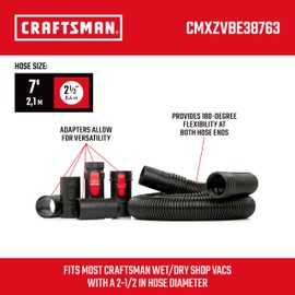 CRAFTSMAN CMXZVBE38763 2-1/2 in. x 7 ft. POS-I-LOCK Wet Dry Vac Hose Attachment Kit, Industrial-Grade Shop Vacuum Replacement Hose, Fits Most Wet/Dry Vacuums with a 2-1/2 in. Diameter