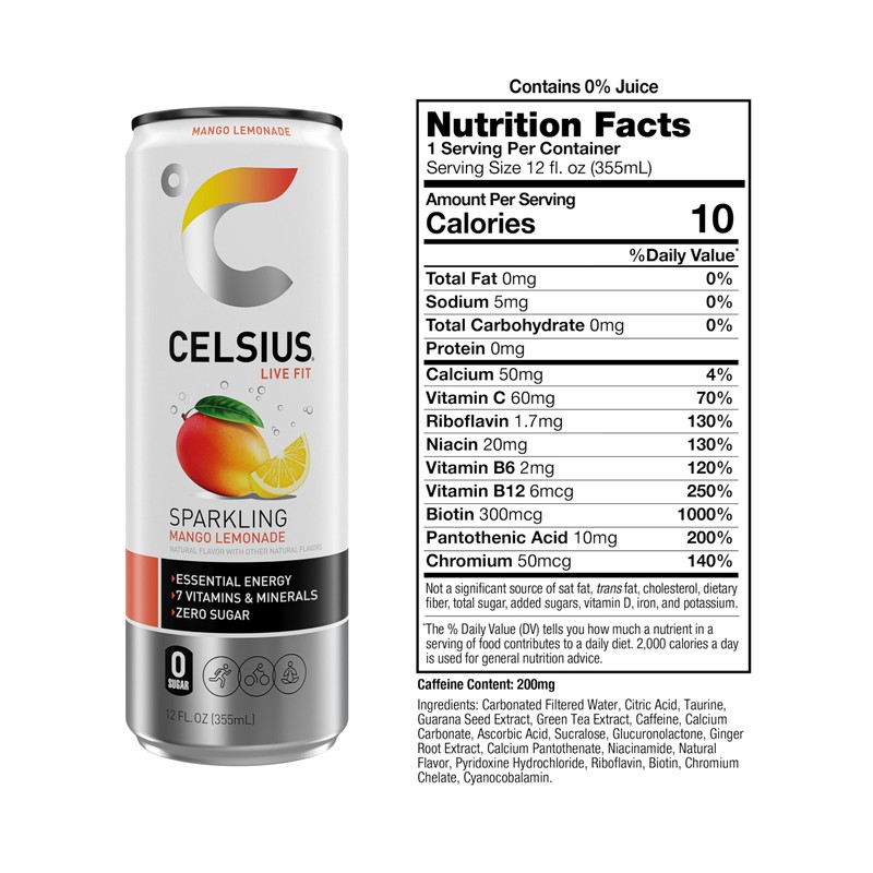 CELSIUS Sparkling Mango Lemonade, Sugar Free Energy Drink, 12 Fl