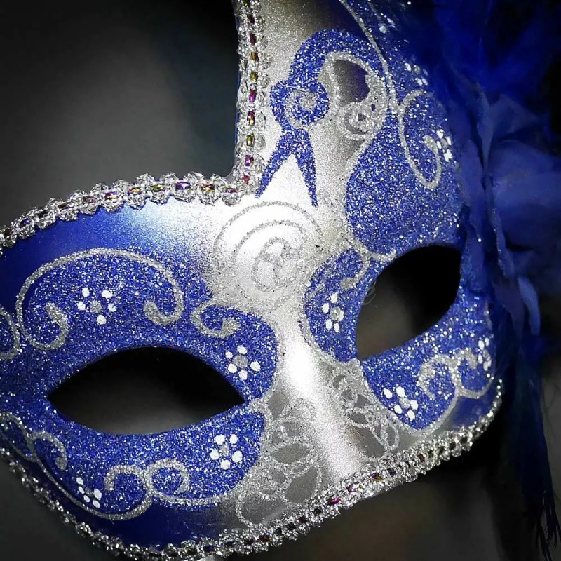 Handheld Stick Mask | Feather Masquerade Mask Blue Silver