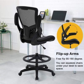 Drafting Chair Tall Office Chair with Lumbar Support Footrest Ring Flip Up Arms for Standing Desk, Swivel Rolling Mesh Chair Height Adjustable Drafting Stool for Bar High Desk Executive Chair, 250lbs