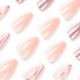 AkiliBIELY Almond Press on Nails Medium Pink White Marble Glitter Curve Fake Nails Women Fantasy Glue on Nails Acrylic Gel Stick on Nails Classy False Nails Wedding Birthday