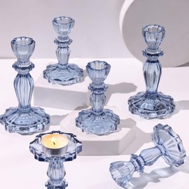 Simeitol Blue Candlestick Holders Set of 6, Taper Candle Holders, 4.3" H & 6.3" H Glass Candle Holder for Candlesticks & Pillar Candles, Candle Holder for Table Centerpieces and Wedding Decor