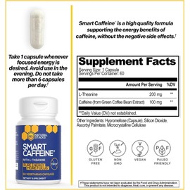 NATURAL STACKS Smart Caffeine Pills - 100mg Caffeine + 200mg L-Theanine Supplement - Supports Energy and Focus - No Jitters and No Crash - 60 Capsules