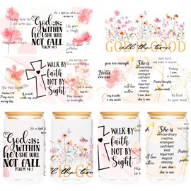 UV DTF Cup Wraps Sticker - 4 Sheets Bible Flower UV DTF Transfers for 16 OZ Glass, Floral, Inspirational Quotes, Bible Verse, Christian Gifts, Waterproof Rub on Transfers