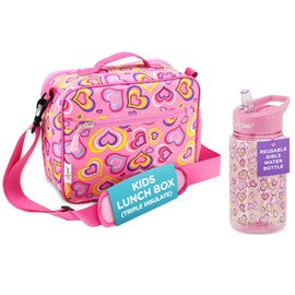 Emily Rose Kid's School Lunch Supplies Bundle - 10.5" Pink Food Box with Removable Strap and Matching Clear 16oz Reusable Travel Sports Water Bottle Set | Kids 3-6 (Playful Hearts)