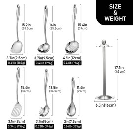 304 Stainless Steel Cooking Utensils Set with Holder, 7-Pieces All Metal Kitchen Utensils with Rotating Stand, Spatula, Soup Ladle, Skimmer Spoon, Slotted Spatula Tunner, Spaghetti Spoon, Large Spoon