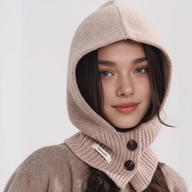 Lu&Rae 100% Wool Button Balaclava Neck Warmer Hooded Winter Knit Hat for Hiking & Golf Running Mask Dark Gray