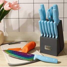Hecef 14 Pieces Kitchen Knife Set with Wooden Block Rainbow Titanium Coated Chef Knife
