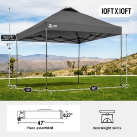 CROWN SHADES Adjustable Height on The Fly, 10x10 Pop Up Canopy - Beach Tent with One Push Setup - Easy Outdoor Sun Shade for Events, Parties, Camping - Outside Shade with STO-N-Go Bag, Grey