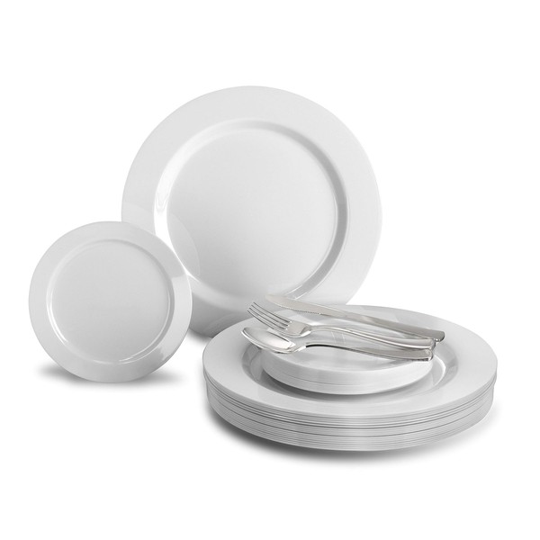 " OCCASIONS " 125pcs set (25 Guests)-Wedding Plastic Plates & cutlery -Disposable heavyweight Dinnerware 10.5'', 6.25'' + Silver Silverware (Plain White)