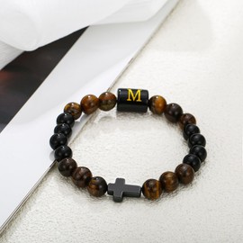 SOOWOOT Cross Bracelet for Men, Initial Bracelet for Men, initail A-Z design, Christian Gifts, Natural Tigers Eye Stone Beads, Easter Gifts