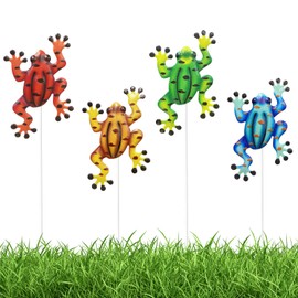4Pcs Garden Stakes Decorative, Metal Garden Stakes for Flower Beds, Lawn, Colorful Butterfly Garden Decor, Beautiful Home Decor (Frog)