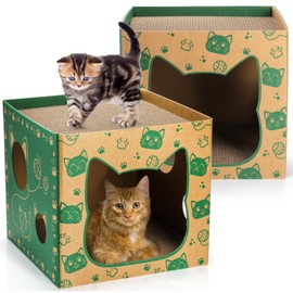 Pumtus 2 Pack Cardboard Cat Houses, Cat Play House with 2 PCS Scratching Pad, Corrugated Cat Hideaway Cave, Cute Cat Condos Box, Cat Scratching Toy, Scratcher Bed for Indoor Cats, Kittens, Bunny