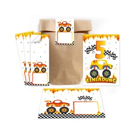 12 Invitation Cards for 5th Children's Birthday Boys Monster Truck Car Invitation for Fifth Birthday Including 12 Envelopes, 12 Party Bags/Natural, 12 Stickers