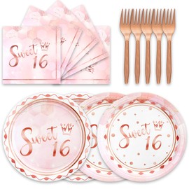 Esyzpesai 48PCS Sweet 16 Party Decorations Plates and Napkins Forks 16th Birthday Decorations for Girls Disposable Tableware Serve 16 Guests Sweet 16 Decorations