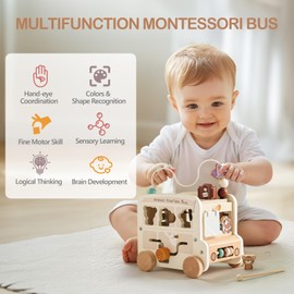 OESSUF Wooden Baby Montessori Toy for 1 Year Old, 9 in 1 Bus Activity Cube for 12+ months Baby Wooden Toy Motor Skills Educational Toys for 1 Girl Boy 1st Birthday Gift (Beige)