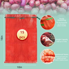 ERJNND 10 lb Mesh Onion Bags, 10"×18" Mesh Produce Bags Hanging Reusable Breathable Vegetable Storage Net Bags with Drawstring for Onions Potatoes Citrus Crawfish, Red (Pack of 15)