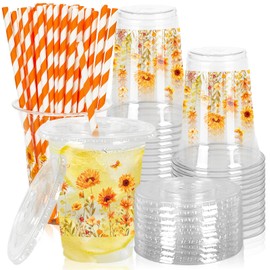 JarThenaAMCS 50 Pcs Fall Sunflower Plastic Cups with Lids and Straws Watercolor Flower Butterfly Clear Plastic Cups 12oz Disposable Cups for Summer Autumn Thanksgiving Party Supplies