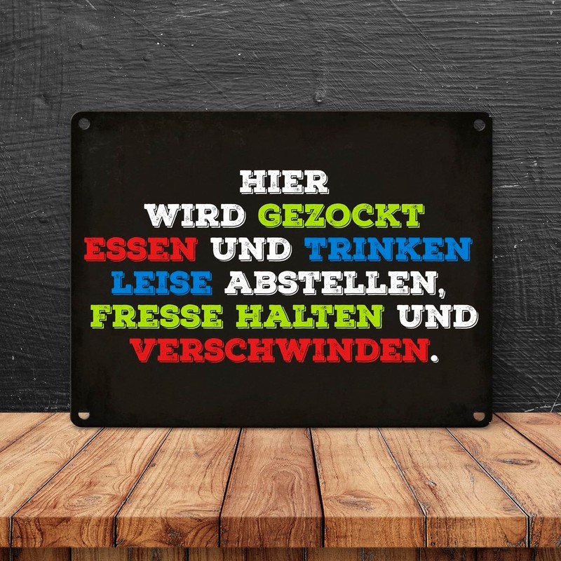 Metal Sign with German Text "Hier wird gezockt! Essen bringen,