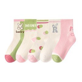 QjYqjmX Socks, Kids, Kids, Girls, 5 Pairs Set, Color, Cute, Rabbit Pattern, Socks, Durable, Deodorizing, Junior High School Students, Anti-Slip, Women's Socks, sock17