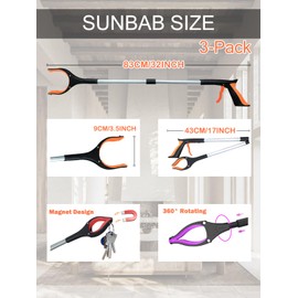 3-Pack Grabber Reacher Tool, 32 Inch Foldable Pick Up Stick with Strong Grip, Magnetic 360° Rotating Anti-Slip Jaw, Trash Picker, Lightweight Grabbers