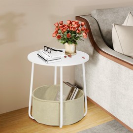 FurnitureR Round Side End Table with Fabric Basket Storage, Modern Compact Nightstand Bedside Table, Metal Frame, Ideal for Sofa Couch and Bed, Easy Assembly, White/Camel