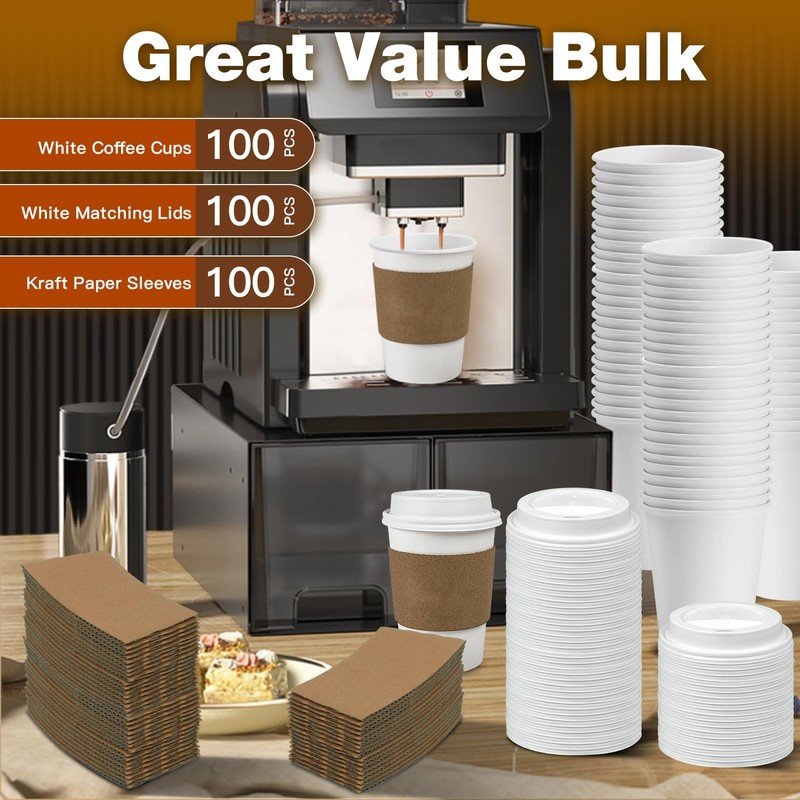 Ginkgo 100 Pack 12 oz Leak-Proof Coffee Cups with Lids