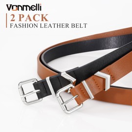 VONMELLI 2 Pack Women Skinny Leather Belts for Jeans Pants Dress Ladies Thin Waist Belt Retro Vintage Belt With Gold Buckle Black + Brown(Silver Buckle) Fit Waist Size 44-46"