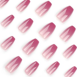 Press on Nails Medium Coffin SWEKKE French Fake Nails Full Cover Pink Gradient False Nails with Designs Glossy Glue on Nails Ballet Acrylic Nails Manicure Artificial Nails for Women Girls 24Pcs