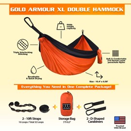 Gold Armour Camping Hammock - XL Double Hammock Portable Hammock Camping Accessories Gear for Outdoor Indoor with Tree Straps, USA Based Brand (Orange and Black)