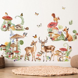 decalmile Woodland Animals Wall Decals Deer Fox Mushroom Butterfly Wall Stickers Baby Nursery Kids Bedroom Living Room Wall Décor