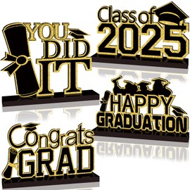 4Pcs Black and Gold Graduation Decorations Class of 2025 Congrats Grad Wooden Table Centerpieces Grad Table Toppers Congratulate Tiered Tray Decor for 2025 Graduation Decorations