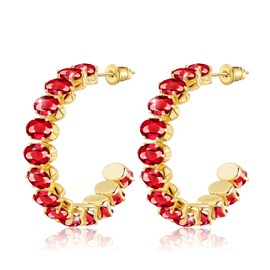 Linawe Ruby Red Chunky Gold Plated Hoop Earrings for Women, Gold Hoops Huggie Earrings, Sparkly Birthstone Rhinestone Cubic Zirconia Crystal Imitation Diamond Half Hoop Earrings