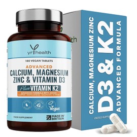 Calcium Magnesium Zinc Vitamin D3 and K2 Vegan 180 Tablets Made in UK