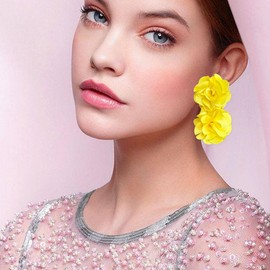 QIAOLEHUI Handmade Fabric Flower Earrings Unique and Stylish Accessories Big Boho Chic Cloth Floral Earrings (Yellow)