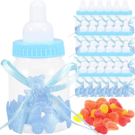 MINGZE 24pcs Candy Bottle Baby Shower, Mini Gift Box Fillable Feeder Style with Bear for Party Favors Holy Communion Supplies Boy Girl Newborn Infant Baptism Christening Birthday Decoration (blue)