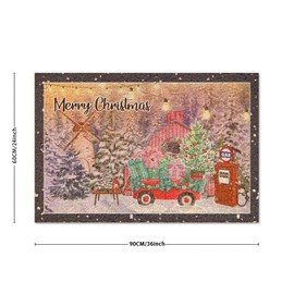 DecStic Christmas Gas Station Coir Doormat Winter Farm Snow Tree Red Truck Door Mats Rustic Merry and Bright Durable Coir Non Slip Mat for Outdoor Entrance Plain Front Porch 24x36in