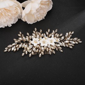 Teyglen Flower Bridal Hair Comb Crystal Wedding Hair Side Comb Handmade Rhinestone Crystal Flower Hair Pieces Sparkly Gold Silver Crystal Headpieces Hair Accessories for Women Bride Flower Girls (Gold)