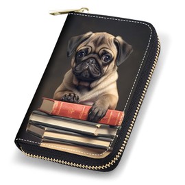 POIUYTREW Credit Card Holder Wallet, RFID Blocking Card Wallet for Women, Small Leather Card Case Wallet with Zipper Accordion Wallets - Cute Pug
