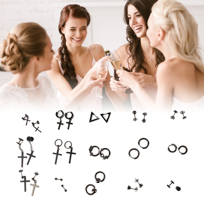 15 Pairs Earrings Set Black Stainless Steel Ear Studs Men