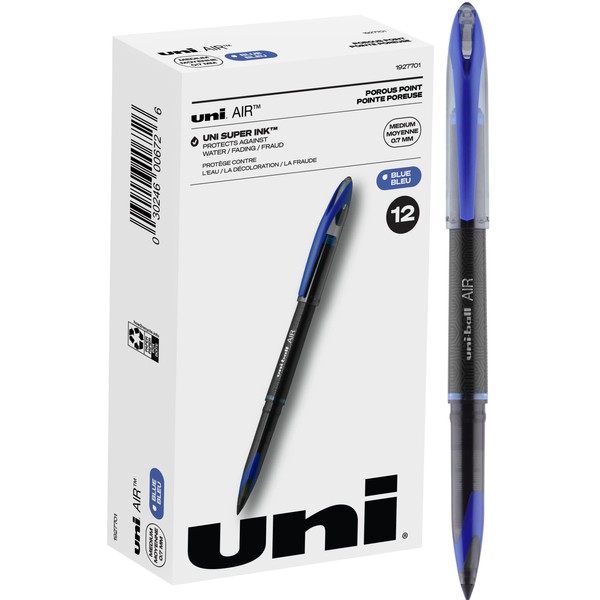 Uniball Air 12 Pack in Blue, 0.7mm Medium Rollerball Pens, Try Gel Pens, Colored Pens, Office Supplies, Colorful Pens, Blue Pens Ballpoint Pens, Fine Point, Smooth Writing Pens