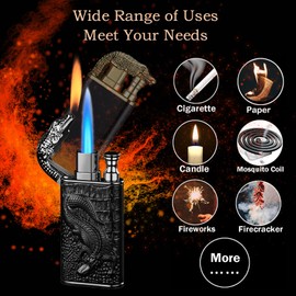 Torch Lighter,Relief Crocodile Magic Dual Flame Lighter with Adjusting Flame Tool,Creative Windproof Lighter, Jet Flame Butane Lighter, Refillable Butane Lighter Gifts for Outdoor Indoor(Blue)