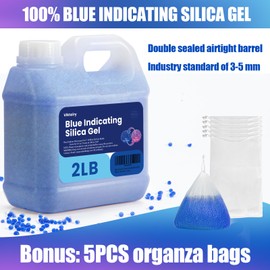 2LBS Desiccant Beads, Premium Blue Indicating Reusable Silica Gel Beads Bulk, Industry Standard 3-5 mm Desiccant Dehumidifier for 3D Filament, Electronic Devices, Camera, Documents, Safe (5PCS Bags)