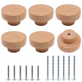BUXIMN 6pcs Wooden Cabinet Knobs, Wood Dresser Knobs Kitchen Cabinet Knob, Natural Wooden Drawer Pulls Flat Top Round Knob for Furniture Cupboard Closet Door (Dia.1.58", Beech Wood Finished)